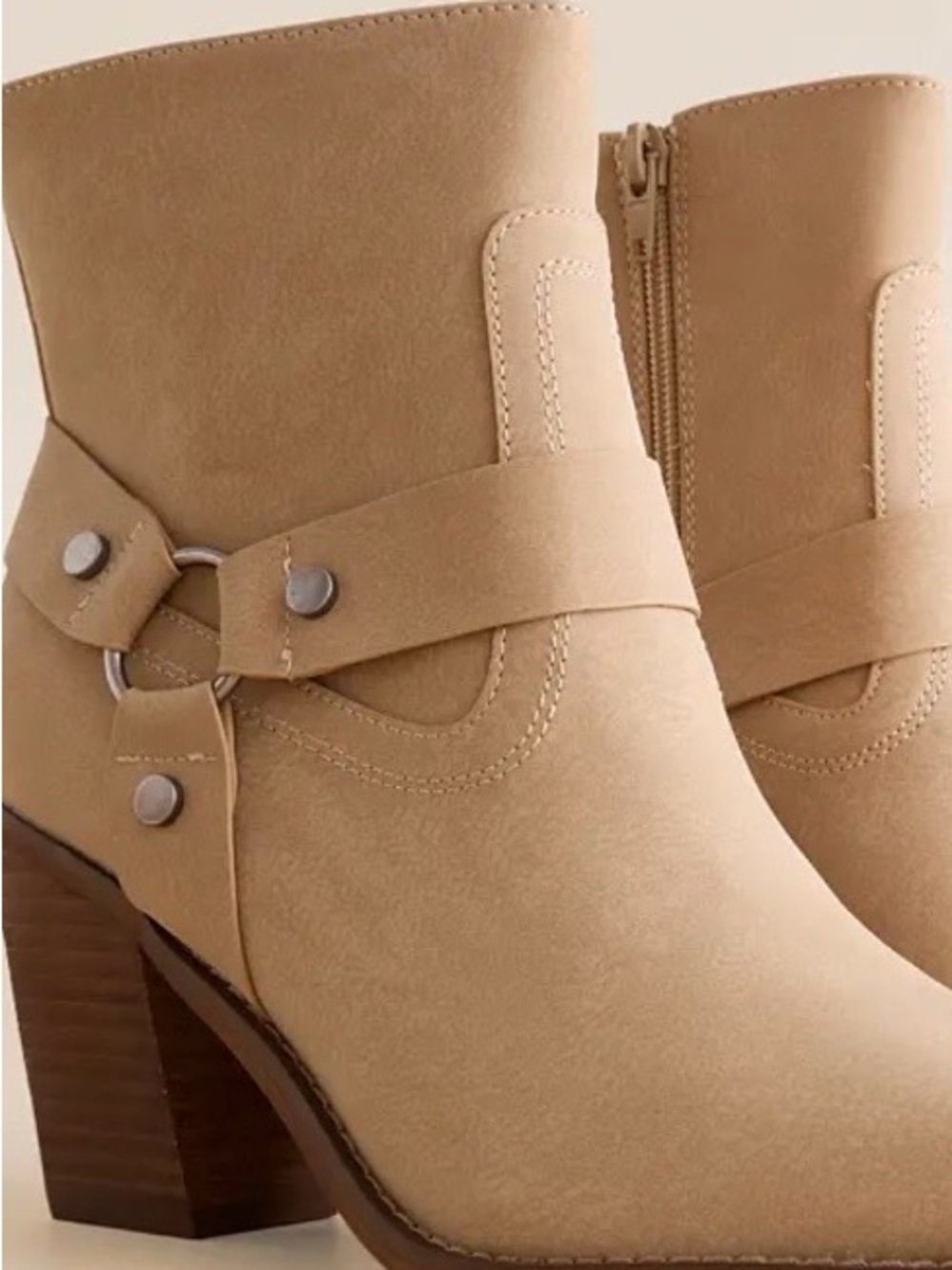 Women's Tan Suede-Look Ankle Booties with Decorative Ring Strap